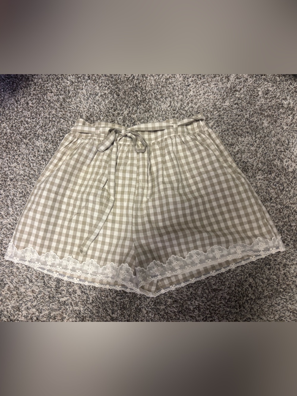 Vici Beige and White Gingham Lace-Trim Shorts